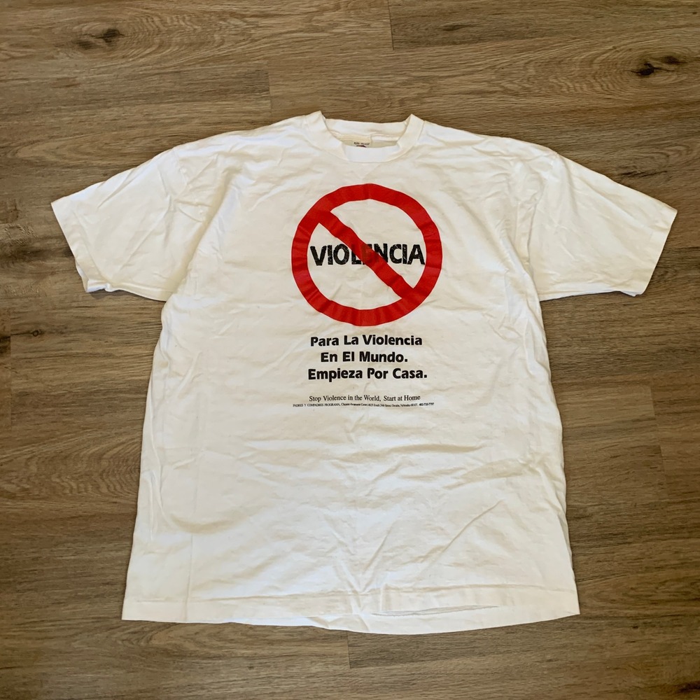 Vintage 90s Fruit of the Loom Violencia Anti-Violence Tee XXL White USA T-Shirt